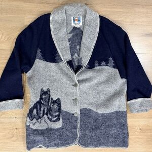 Wooden River Dog Design Wool Blend Shawl Cardigan Sz M
